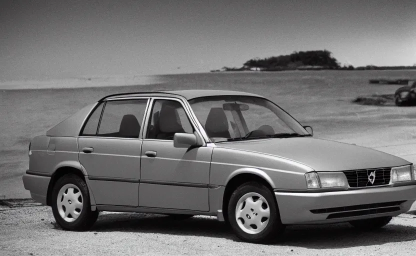 Prompt: vhs footage of a 1995 volvo car parked in the parking lot of a beach