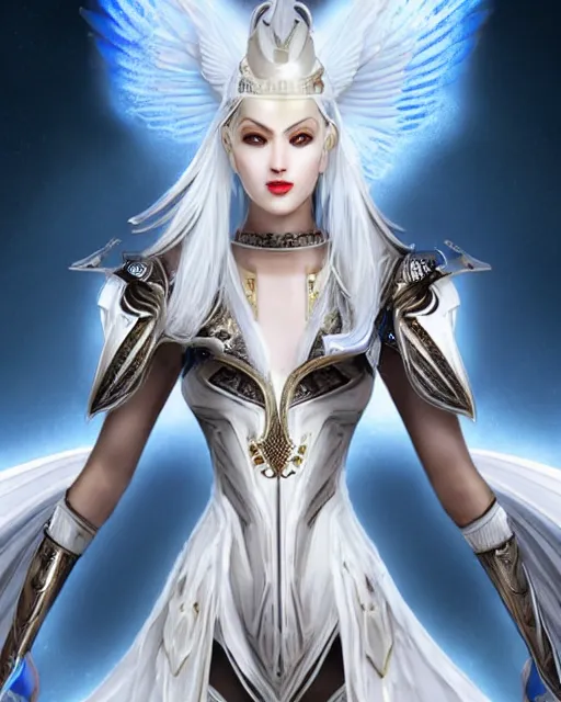 Image similar to perfect white haired egyptian goddess wearing white dove wings, warframe armor, regal, attractive, ornate, sultry, beautiful, dreamy, half asian, pretty face, blue eyes, detailed, scifi platform, 4 k, ultra realistic, epic lighting, android body, illuminated, cinematic, masterpiece, art by akihito tsukushi, voidstar, artgerm