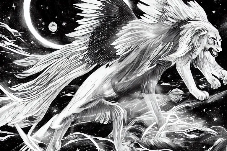 Prompt: angelic majestic winged lioness flying in outer space, black and white ink on paper, thick thick thick outlines, 8k high quality detailed character art, trending on art station and cgsociety, super wide angel, manga art, octane, by Eiichiro Oda