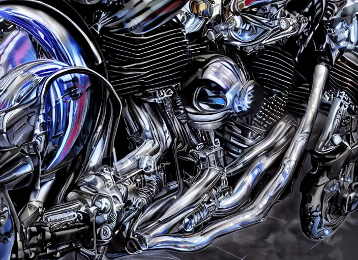 Prompt: cybernetic harley davidson, hyperrealism, lens glare, trending on artstation, intricate, 8 k, high detail