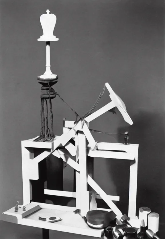 Image similar to a chess - piece building machine, minimal white machinery with cables, a surrealist sculpture by marcel duchamp, archival pigment print, 1 9 1 4, conceptual art, artwork, academic art, surrealist, fluxus