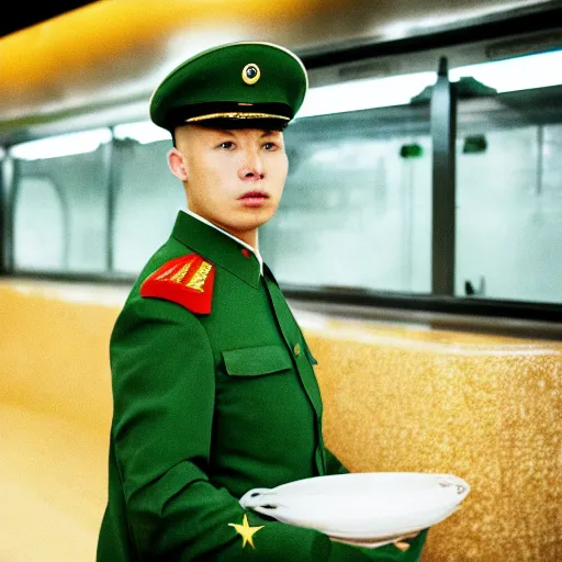 Prompt: cinematic shot of a bald young white man wearing a green chinese maoist military uniform standing in a Subway restaurant, 8k, very intricate, very detailed,