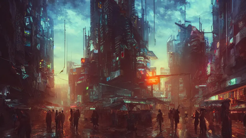 Image similar to Cyberpunk city, street vendors, citizens, augmented cyborgs, robots, skyscapers, buildings, clouds, sunset, painted by seb mckinnon, high detail, digital art, trending on artstation