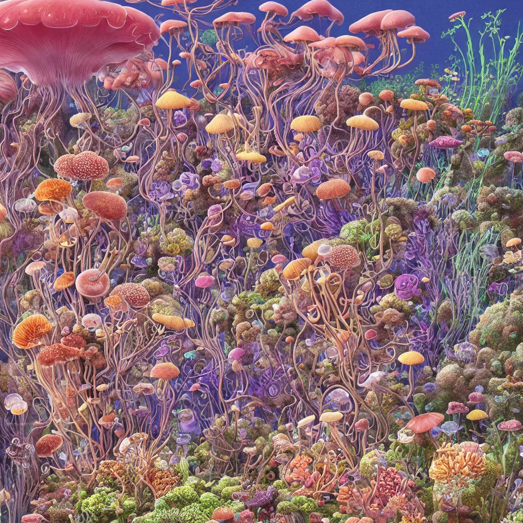 Image similar to highly detailed illustration of all the known species of plants, flowers, corals, mushrooms and jellyfish by juan gatti, by makoto shinkai, by moebius!, by oliver vernon