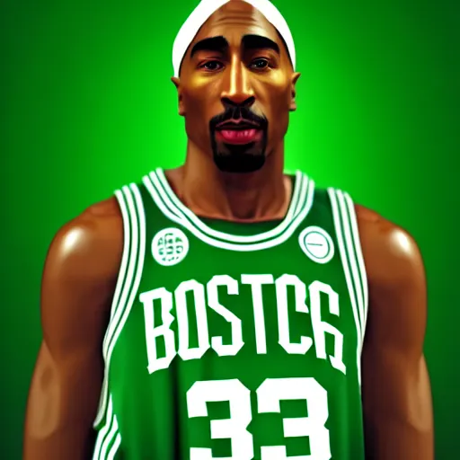 Image similar to portrait of tupac shakur, boston celtics jersey number 3 4, green, white, cartoon digital art, oil on canvas, trending on artstation, octane render