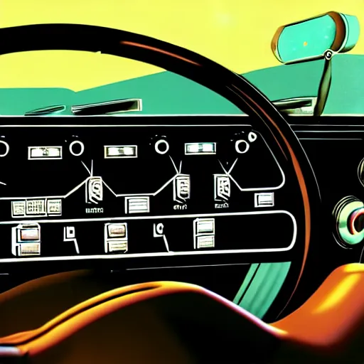 Image similar to photorealistic control panel from the 1 9 5 0's in a car featuring ejection seats, weapons control, and hyperdrive, realistic, 8 k resolution, front view