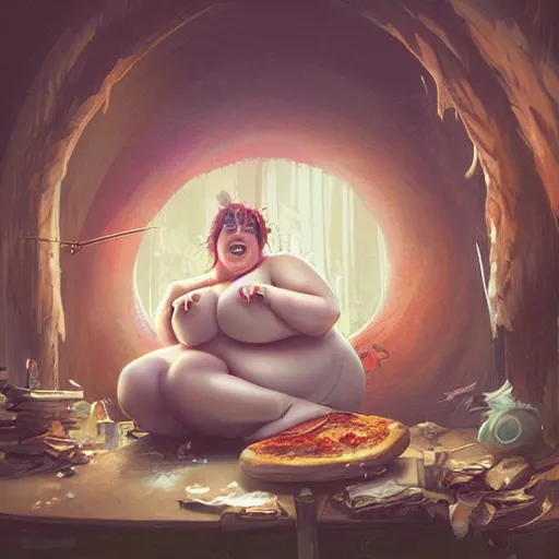 Prompt: a very fat fairy sitting in a messy room and burping because she ate too much pizza and junk food, fantasy art, illustration, amazing detail, in the style of greg rutkowski, artgerm, cgsociety