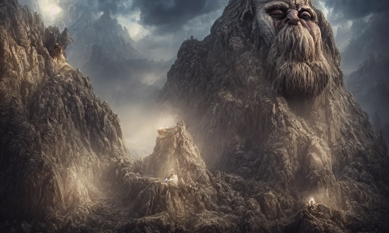 Image similar to by nadezda and david stoupakis, visually stunning, cinematic, ultra realistic, hyper realism, 1 2 k, epic, octane render, unreal engine, vfx, maya, a dwarf city built into a mountain, dwarf statue : gargantuan disappointment of crying souls