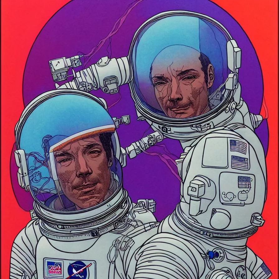 Image similar to ( ( ( ( an astronaut bust shot, with decorative frame design ) ) ) ) by mœbius!!!!!!!!!!!!!!!!!!!!!!!!!!!, overdetailed art, colorful, artistic record jacket design