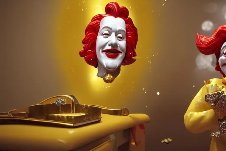 Image similar to a still of ronald mcdonald surrounded by gold and diamonds, award - winning, photograph, 3 d render, unreal engine, 4 k detailed