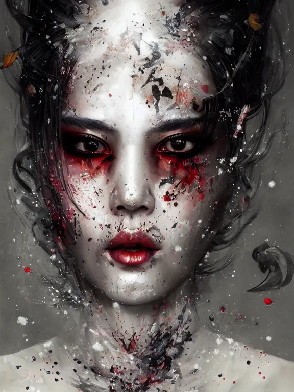 Prompt: a photorealistic splatterpunk portrait of a gorgeous Asian woman with shadowy eyes and bonewhite hair, with black glossy lips, hyperrealistic, award-winning, 8k, in the style of Tom Bagshaw, Cedric Peyravernay, Peter Mohrbacher