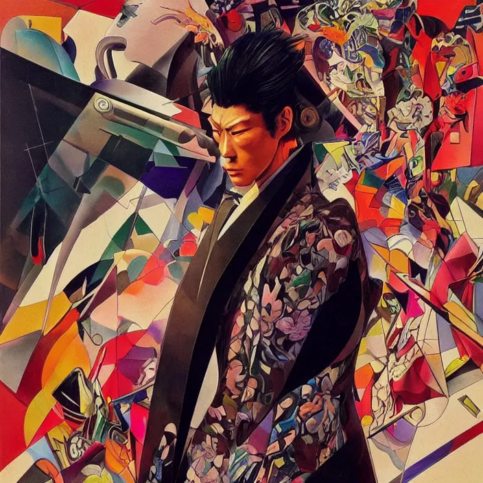 Prompt: yakuza gang member, full body, high fashion, futurism, aerodynamic, flowing, intricate, slick, highly detailed, digital painting, vogue, concept art, smooth, sharp focus, hd, art by syd mead and kandinsky and annie leibovitz