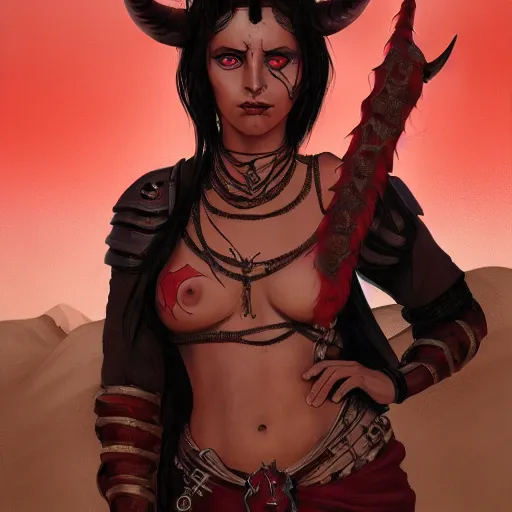 Prompt: portrait of a female berber tiefling with red skin, devil horns and black hair wearing a steel chestplate in a desert, fantasy, highly detailed, digital painting, artstation, concept art, character art, art greg rutkowski and alphonse mucha