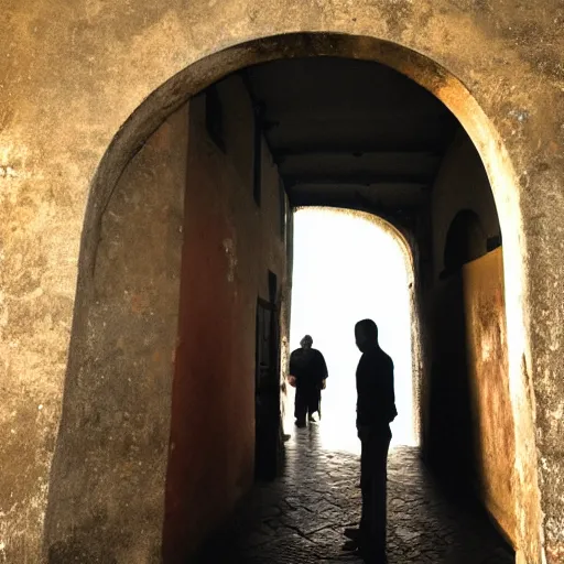 Image similar to a picture of a man standing in front an arch in antigua guatemala at night