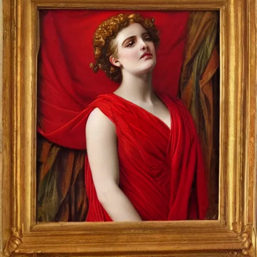 Image similar to painting of the greek goddess, aphrodite in a red robe, 1 8 8 9, highly detailed, vivid, high quality