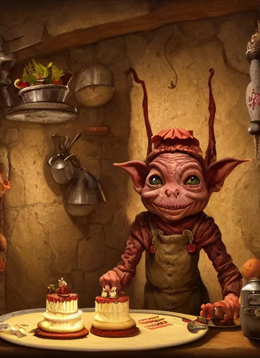 Image similar to highly detailed closeup portrait of a medieval goblin's cake kitchen, unreal engine, nicoletta ceccoli, mark ryden, earl norem, lostfish, hyung tae, frank frazetta, global illumination, detailed and intricate environment