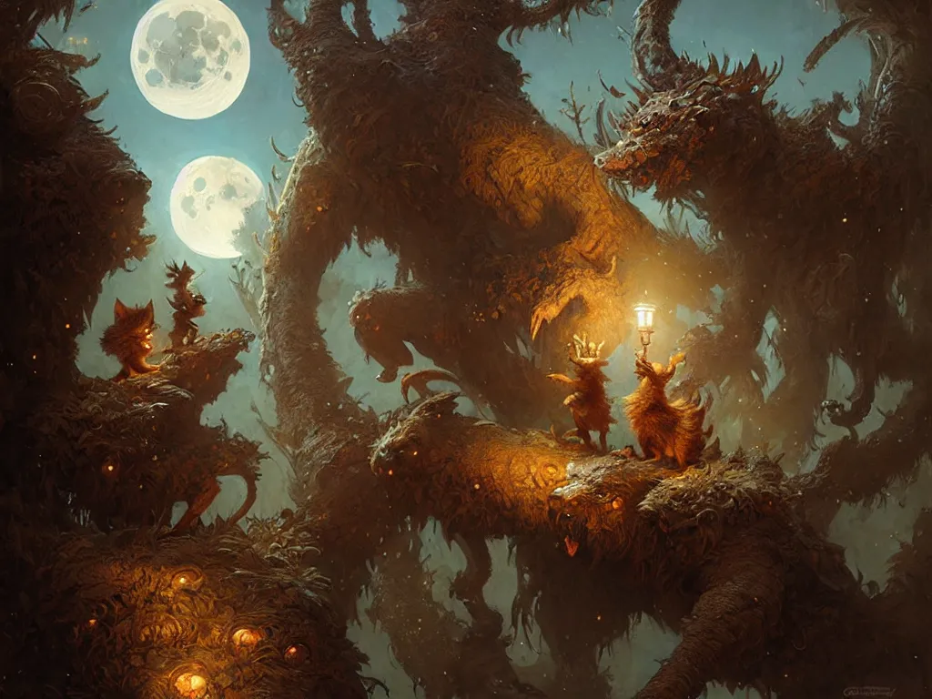 Image similar to cute fantasy critters looking at the moon, ultra realistic, concept art, intricate details, highly detailed by greg rutkowski, gaston bussiere, craig mullins, simon bisley