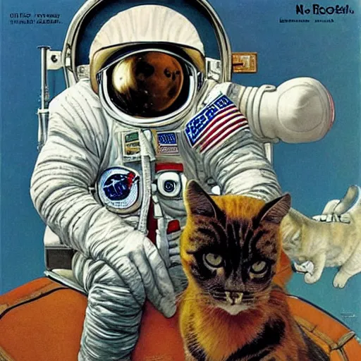 Image similar to an astronaut with a cats head, space, art by Norman Rockwell