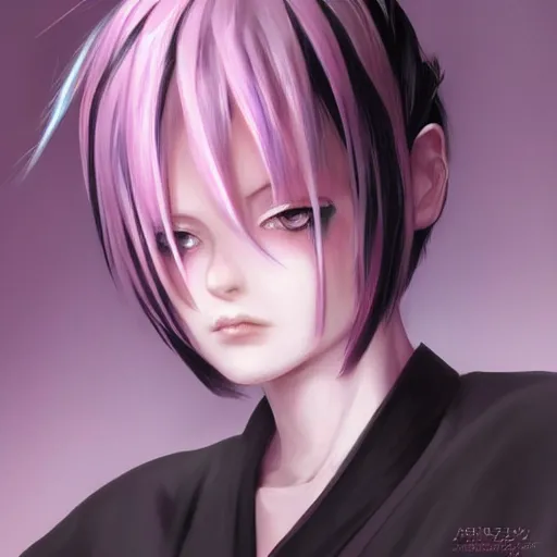 Prompt: short white hair with pink highlights parted down the middle, white hakama wearing, black sclera white pupil, anime man, full body shot, portrait made by Stanley Artgerm, WLOP, Rossdraws, James Jean Andrei Riabovitchev, Marc Simonetti, Yoshitaka Amano, Artstation