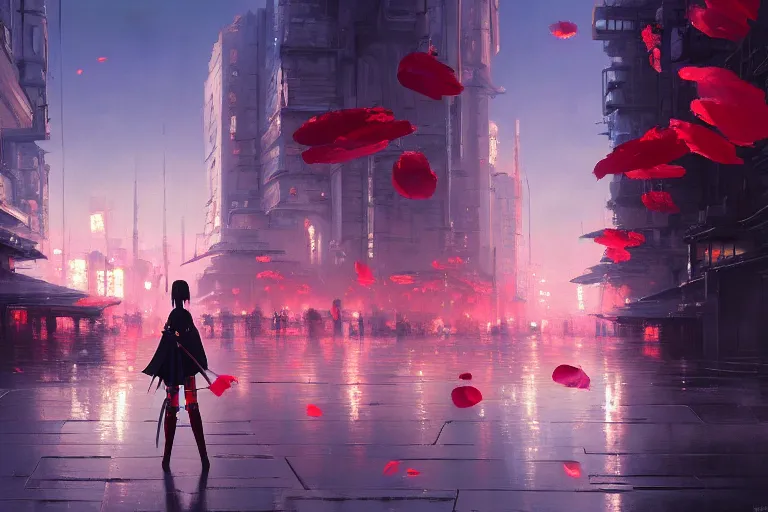 Prompt: baroque oil painting of anime key visual concept art of a samurai girl, red futuristic concrete cityscapes, falling petals, background moonlight, trending on artstation, palette knife and brush strokes, oil on canvas, style of makoto shinkai greg rutkowski studio ghibli