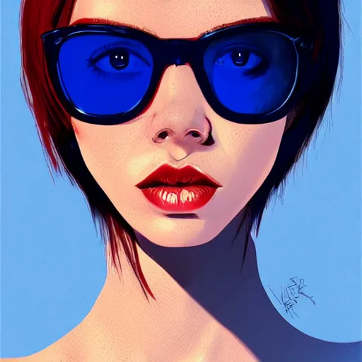 Prompt: Woman with blue tinted glasses, dark, menacing, artstation, digital art