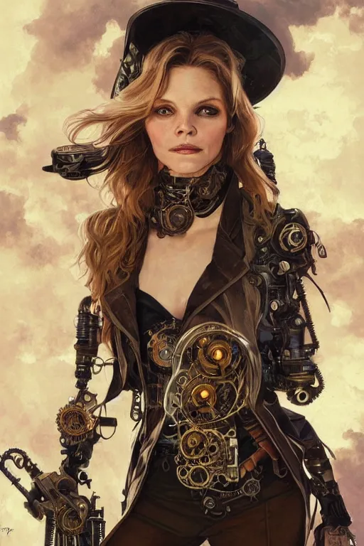 Image similar to young michelle pfeiffer as a steampunk cyborg, portrait, western, steampunk, duster, fantasy, intricate, elegant, highly detailed, digital painting, artstation, concept art, sharp focus, illustration, art by artgerm and greg rutkowski and alphonse mucha