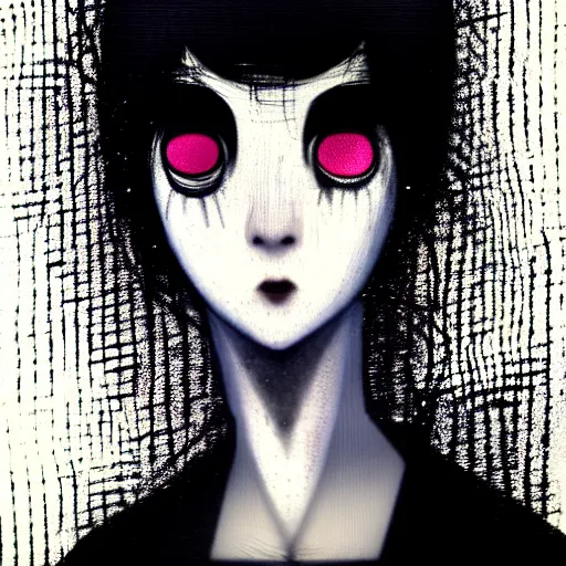 Image similar to yoshitaka amano blurred and dreamy minimalistic three quarter angle portrait of a young woman with black lipstick and black eyes wearing dress suit with tie looking up and to the side, junji ito abstract patterns in the background, satoshi kon anime, noisy film grain effect, highly detailed, renaissance oil painting, weird portrait angle, blurred lost edges