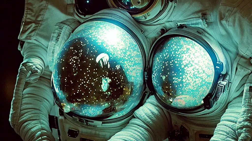 Image similar to a astronaut eva suit covered in diamond 3d fractal lace iridescent bubble 3d skin and covered with insectoid compound eye camera lenses floats through the living room, film still from the movie directed by Denis Villeneuve with art direction by Salvador Dalí, wide lens,