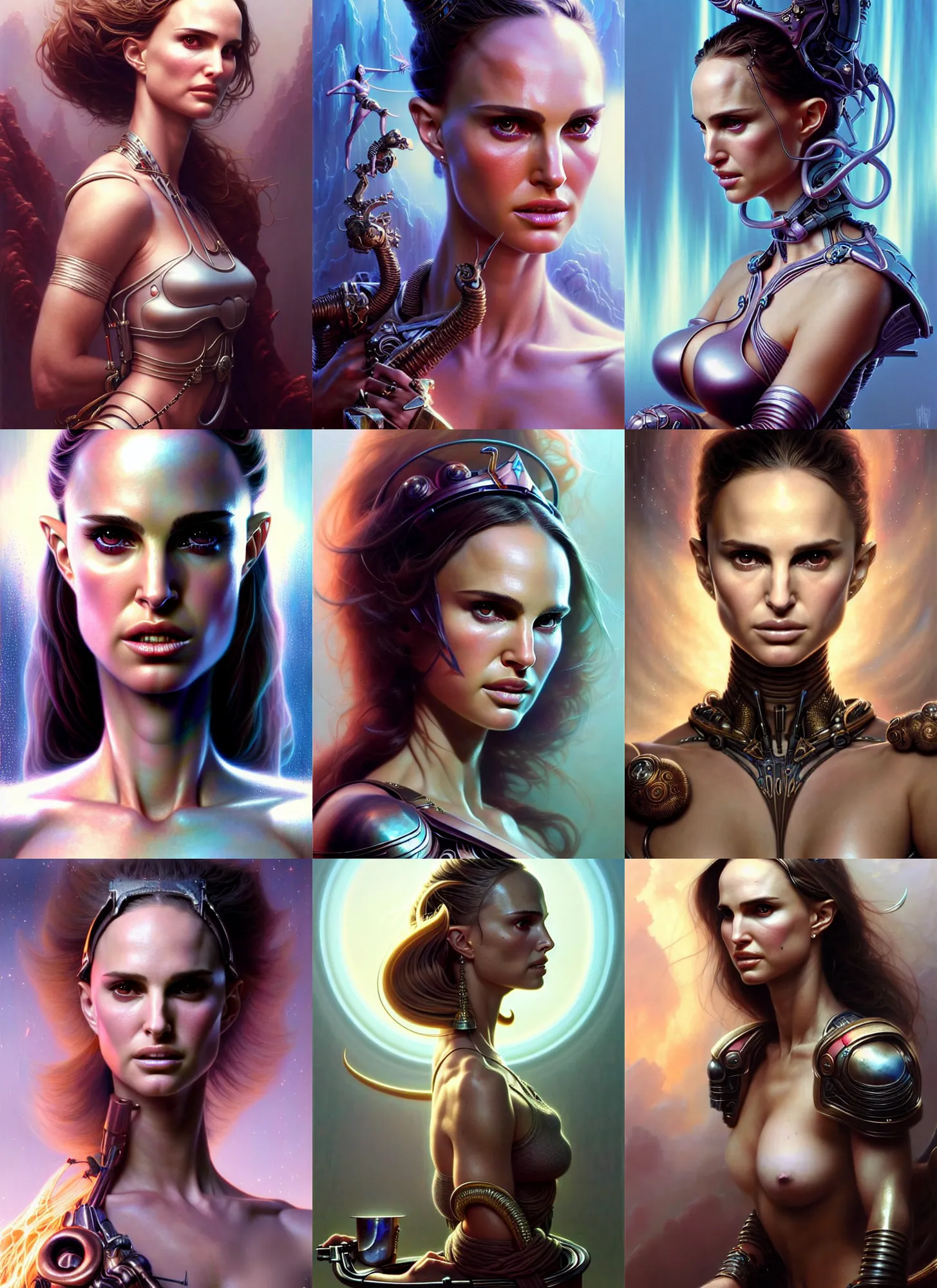 Image similar to beautiful fantasy character portrait, natalie portman mixed with megan fox, ultra realistic, wide angle, intricate details, the fifth element artifacts, highly detailed by peter mohrbacher, hajime sorayama, wayne barlowe, boris vallejo, paolo eleuteri serpieri