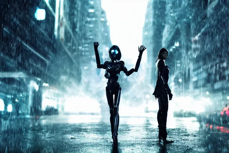 Image similar to vfx marvel sci-fi woman black super hero robot photo real full body action pose, city street cinematic lighting, rain and fog by Emmanuel Lubezki