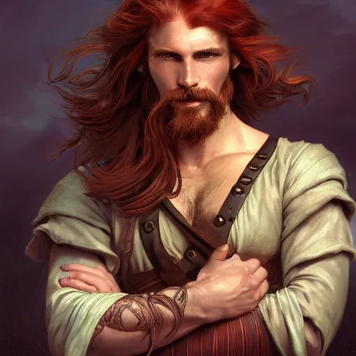 Image similar to portrait of a young ruggedly handsome but joyful pirate, male, masculine, upper body, deep crimson hair, long hair, d & d, fantasy, roguish smirk, intricate, elegant, highly detailed, digital painting, artstation, concept art, matte, sharp focus, illustration, art by artgerm and greg rutkowski and alphonse mucha