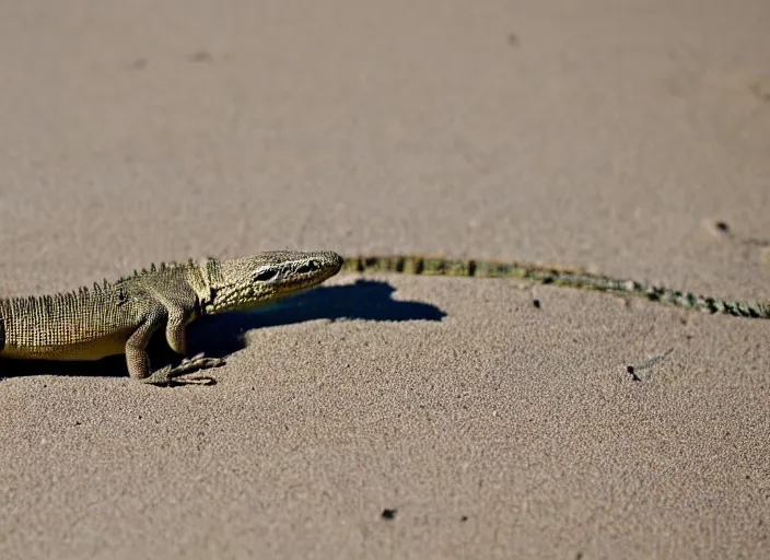 Image similar to a lizard out in the beach while looking into a sliced melon in front of it