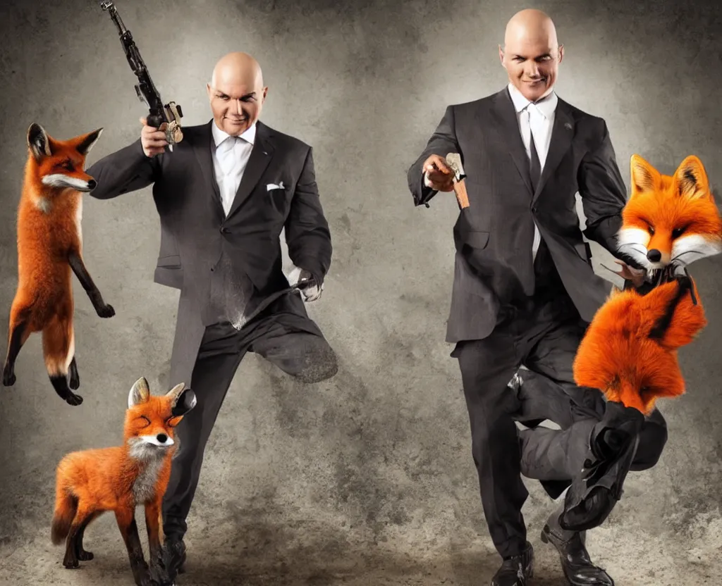 Image similar to a photo of happy agent 4 7 with a fox, studio photo, stunning scenery, award winning photo