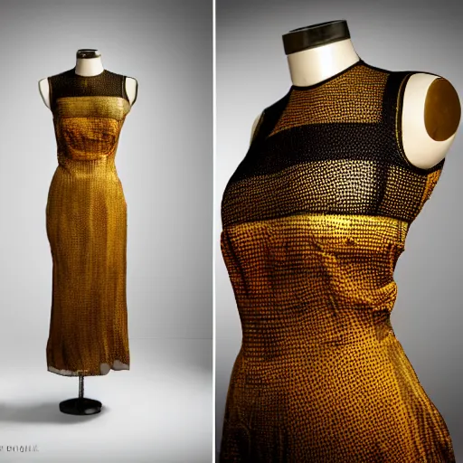 Image similar to a beautiful dress made of a bee hive, on a mannequin. high resolution, studio lighting