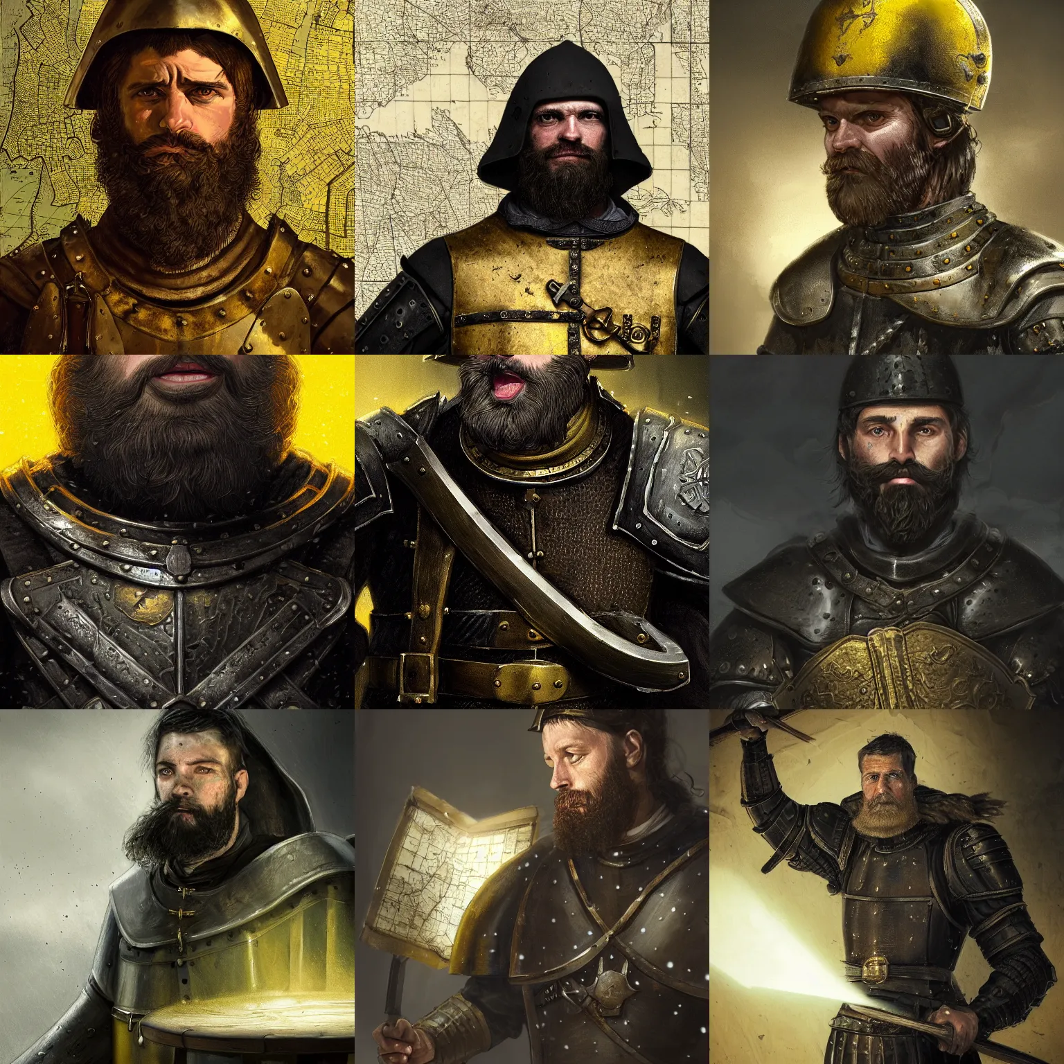 Prompt: Closeup of frustrated male medieval sergeant with a {short} beard wearing a {black!!!! and yellow tabard} over a steel breastplate and a black gambeson looking up from a map on a table, intricate, dramatic lighting illustration by Greg Rutkowski, ArtStation, digital art, fantasy