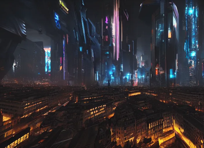 Image similar to cyberpunk scifi scene of paris at night, scifi drones in the sky, artstation, matt painting, very detailed, maximalism, ambient occlusion, volumetric light, atmospheric haze, unreal engine, hyper realism, realistic shading, cinematic composition, realistic render, octane render, detailed textures, photorealistic, wide shot