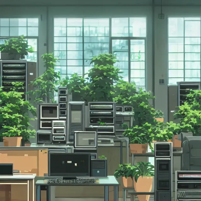 Image similar to an interior room with old pc computers stacked on the walls with potted plants, makoto shinkai