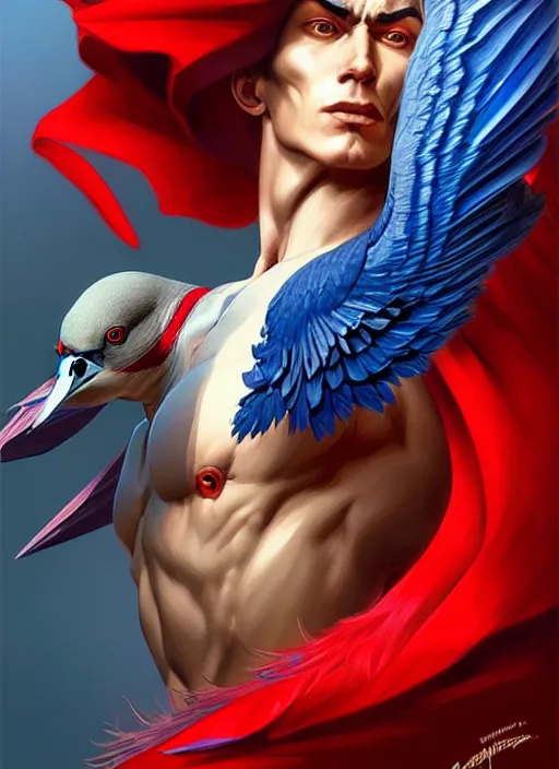 Prompt: portrait of aggressive pigeon humanoid, d & d, muscular! blue and red, fantasy, intricate, elegant, highly detailed, digital painting, artstation, concept art, smooth, sharp focus, illustration, art by artgerm and greg rutkowski and alphonse mucha