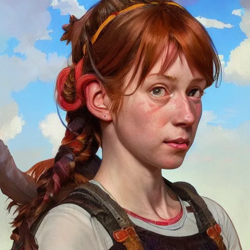 Image similar to portrait of pippi longstocking, looking at camera, intricate, extremely detailed, digital painting, artstation, concept art, smooth, ambient lighting, art by artgerm and greg rutkowski and alphonse mucha and simon stalenhag