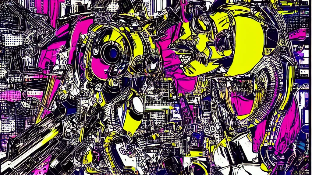 Image similar to cyber - dog futuristic japanese cyberpunk by roy lichtenstein, by andy warhol, ben - day dots, pop art, bladerunner, pixiv contest winner, cyberpunk style, cyberpunk color scheme, mechanical, high resolution, hd, intricate detail, fine detail, 4 k