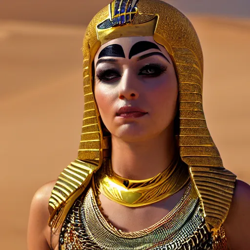 Prompt: photo graph of an egyptian woman, gold face chains, elegant, fancy, rich, character design, costume, egyptian, arabian, dune, desert
