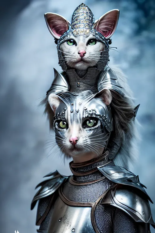 Image similar to female knight wearing a real cat on her head, armor designed by wayne barlowe, swarovski and tiffany, blonde hair, symmetry, sci - fi, cinematic, elegant, luxury, perfect light, perfect composition, dlsr photography, sharp focus, dark fantasy, 8 k, ultra hd, sense of awe, highly detailed, realistic, intricate