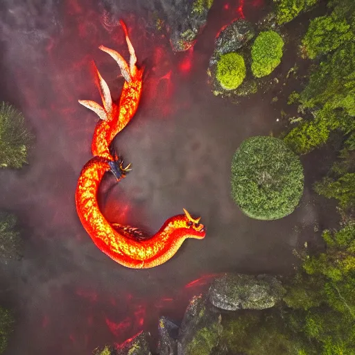 Image similar to candid photograph of a mythological dragon bathing in lava, cryptid, unexplained phenomena, drone photography, 8k