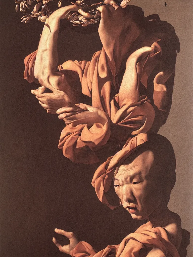 Prompt: hyperrealistic still life painting of a buddhist monk experiencing ego death, by Caravaggio, botanical print, surrealism