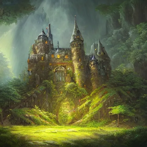 Prompt: a castle with alot of vegetation casper david friedrich raphael lacoste vladimir kush leis royo volumetric light effect broad light oil painting painting fantasy art style sci - fi art style realism artwork unreal engine