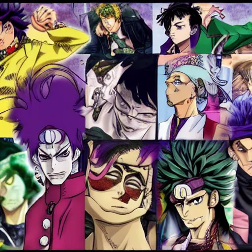 Image similar to jojos bizarre adventure, anime style, detailed, in the style of hirohiko araki