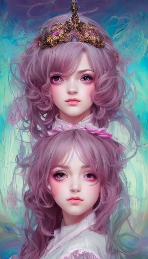 Image similar to portrait of magical lolita girl, dreamy and ethereal, expressive pose, big pink eyes, exciting expression, fantasy, intricate, elegant, many rainbow bubbles, rose tones, highly detailed, digital painting, artstation, concept art, cyberpunk wearing, smooth, sharp focus, illustration, art by artgerm and greg rutkowskiand alphonse mucha