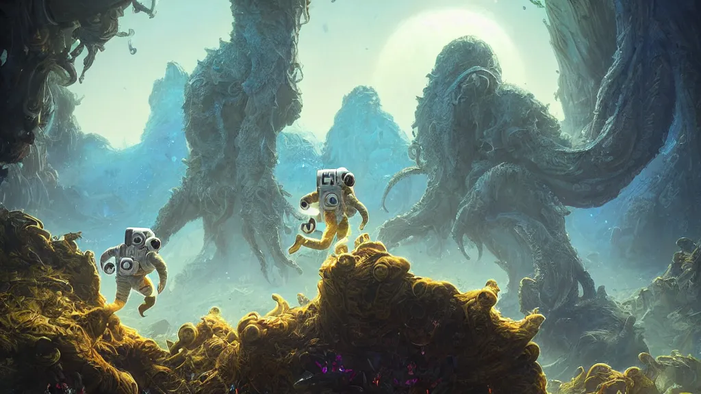 Image similar to An astronaut has a treasure with him, he is running away from the giant Cthulhu that is behind hunting him, this is an extravagant planet with wacky wildlife and some mythical animals, the background is full of ancient ruins, the ambient is vivid and colorful with a terrifying atmosphere, by Jordan Grimmer digital art, trending on Artstation,