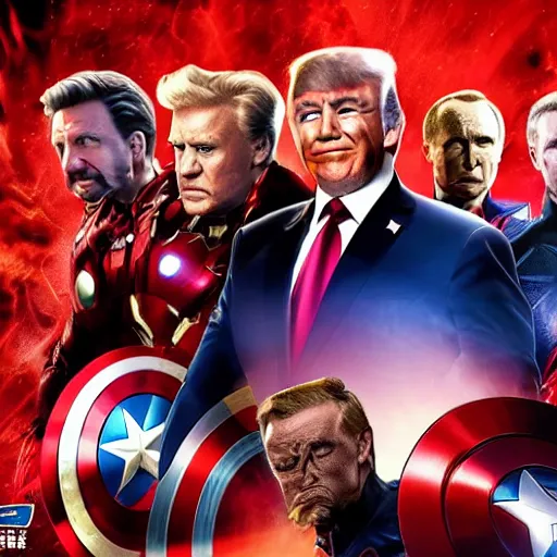 Image similar to avengers - style movie poster with faces of biden, trump, putin, xi jinping, macron, donkey, nuclear bomb in the background, cinematic, realistic, high quality