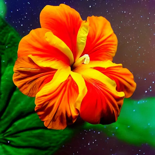 Prompt: a hibiscus flower with detailed orange pedals, floats in space, hubble photo, 2 8 mm lens, olympus xa camera, 3 5 mm film, beautiful, galaxies